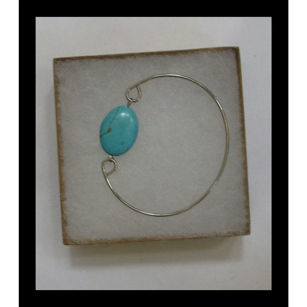 Silver Tone Faux Turquoise Bangle Bracelet Small 2-3/4 Opening BR-01